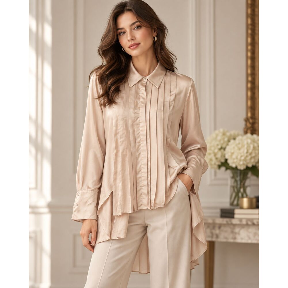 BCBGMAXAZRIA Blouse Pleated Long Sleeve Hi Lo Button Front Bust 36”